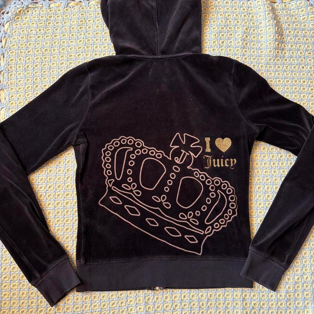 Juicy Couture Vintage Black Velour Crown Zip Up Hoodie Y2K Gold Glitter Medium